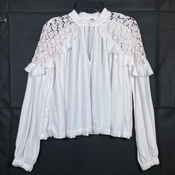 Free People Tops - Free People Womens Blouse White Little Bit Of Love Crochet Keyhole Rayon Medium